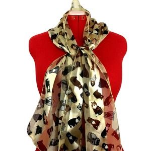 Cat Print Scarf Types of Cats Brown Black Beige Shiny Silky Poly Oblong